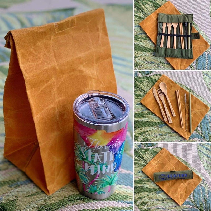 ECO/EGO American made ECO/EGO all in one Canvas Lunch Bag Set. 1 heavy duty waterproof waxed canvas lunch bag/ 1 bamboo cutlery set with travel pouch - Image 2